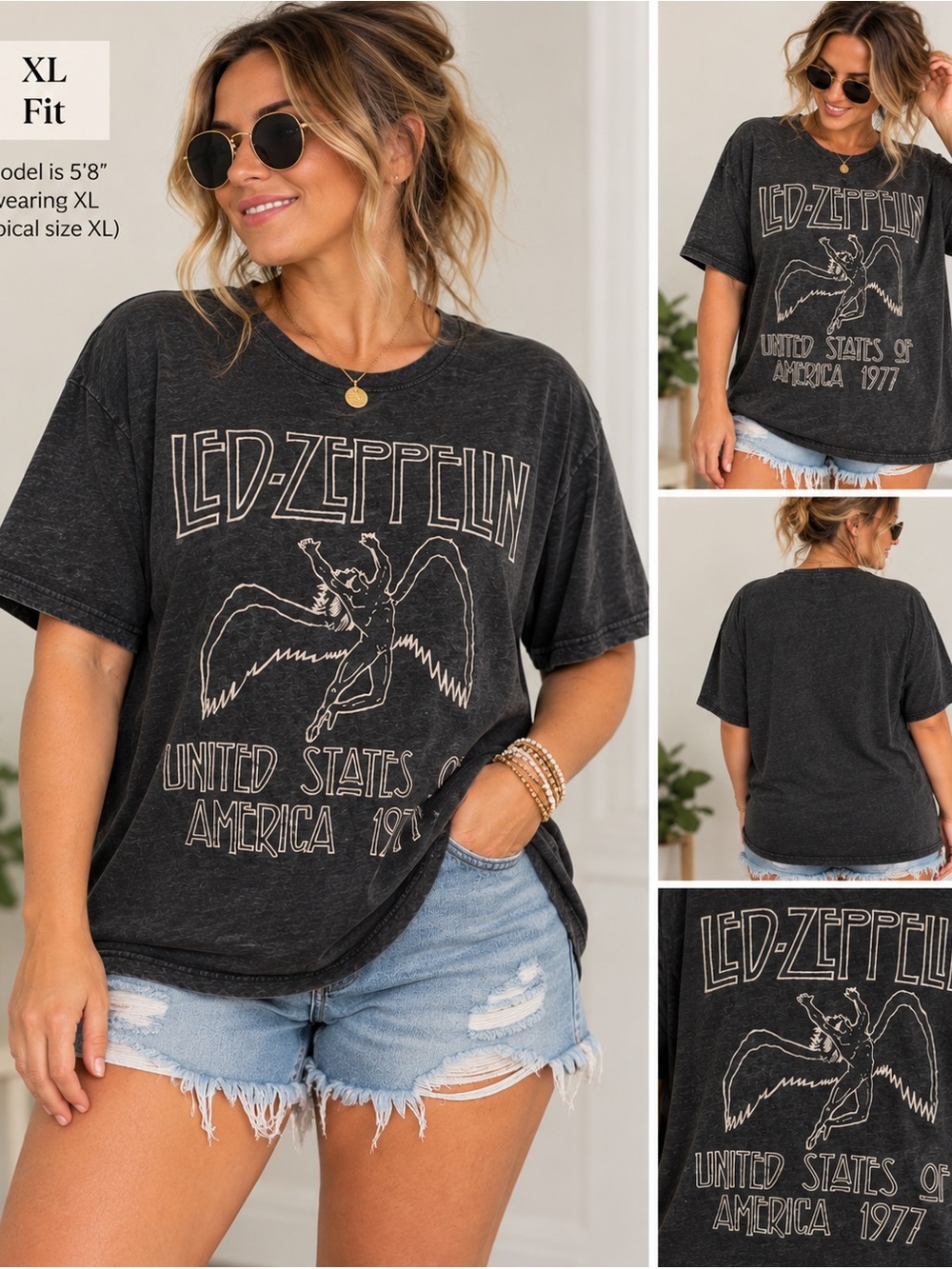 Led Zeppelin 1977 US Tour Graphic T-Shirt Charcoal Heather Grey XL
